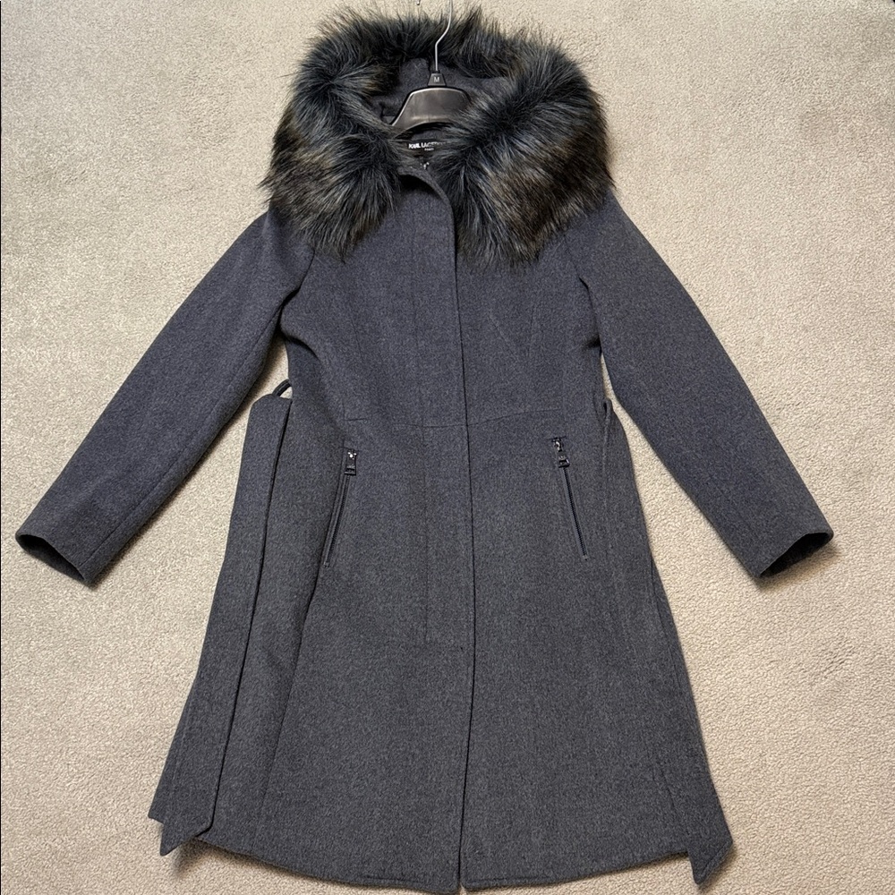 NWOT Karl Lagerfeld Faux Fur Trim Wool Blend Grey Coat